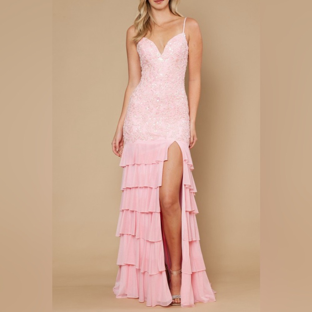 Elegant Pink ruffle V-Neck Evening Dress